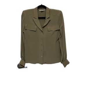 Vintage 60s British Crown Colony 100% Silk Blouse Khaki Safari Lapels Pockets